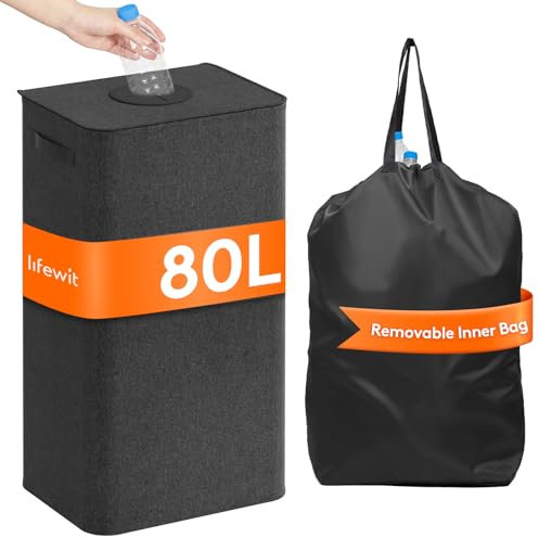 Lifewit 80L Large Laundry Hamper with Lid, Collapsible Laundry Basket with Lid and Reusable Inner Bag, Tall Dirty Clothes Hamper for Laundry Room, Bathroom, Dorm, Bedroom, Black