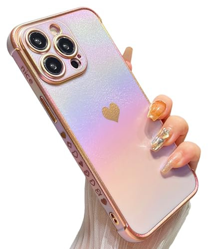 ZTOFERA Compatible with iPhone 13 Pro (6.1) Case for Girls Women, Luxury Fluorescent Iridescent Matte Silicone Case with Cute Love Heart Pattern Plated Rim Shockproof Cover, Iridescent Purple