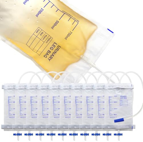rngwaper 10pcs Bolsas de Orina para Pierna 750ml, Bolsas de Drenaje Orina con Película Antirreflujo, Bolsa de Recogida de Orina, Bolsa de Drenaje con Válvula, Drenaje y Correas de Tela