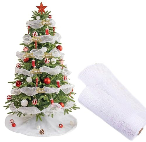 Dwafill Ruban de Noël en maille métallique de 9,4 m pour couronne de sapin de Noël, 26 CM Rouleaux de Filet pour Décoration, Couronnes de Sapin de Noël, Nœuds, Guirlande (White)