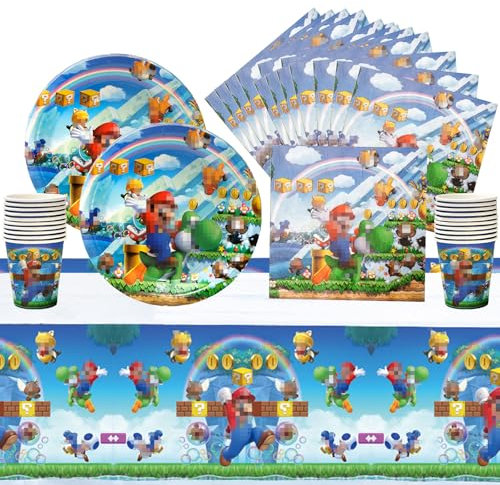 Amazluck Ensemble de vaisselle jetable pour anniversaire d'enfant - 41 pièces - Décoration d'anniversaire - Avec assiettes en carton, nappe en papier, serviettes, gobelets, décoration d'anniversaire