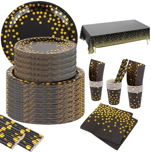 SHUESS 251 Pcs Black and Gold Paper Plates Set, Black and Gold Party Supplies, Golden Dot Party Tableware Includes Black Paper Plates, Napkins, 9oz Cups, Tablecloth, Paper Straws, Serves 50