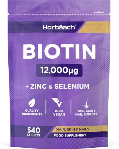 Biotina con Selenio y Zinc Complex para el Cabello 12.000 mcg | 6 Meses de Suministro - 540 Comprimidos Veganos | Complejo de Vitaminas para el Cabello Piel y Uñas | Biotin Complex | Horbaach