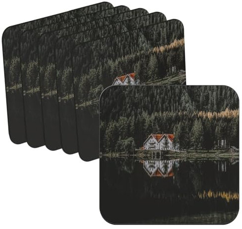 Untersetzer aus Holz – Holzhaus am See im Wald – 6 Stück (95 x 95 mm)