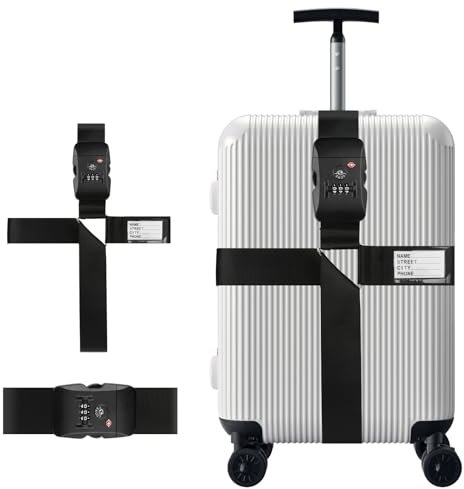 AWAMRWA Koffergurt - Kofferband Gurt mit TSA Schloss mit 3-Stelligem Zahlencode Inklusive Namensschild Koffergurte Luggage Strap für Koffer 190cm Schwarz