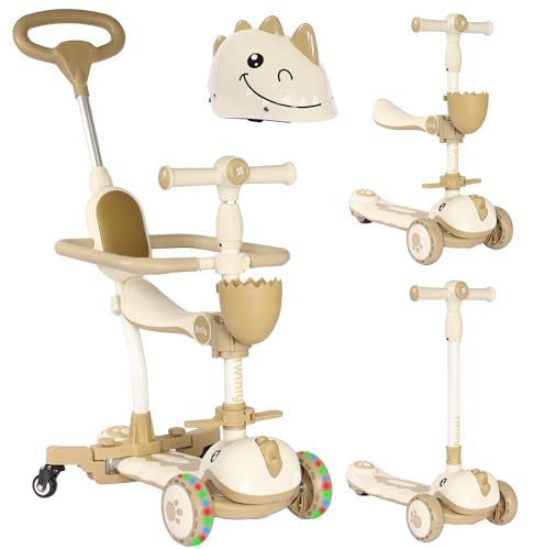 Twinly - Kinder Roller Scooter 3-in-1, tretroller mit klappbarem Sitz & LED-Rädern, DINLY evolutiver Faltroller mit Helm, für Kinder von 1 bis 6 Jahren - bis 30 kg (Weiß)