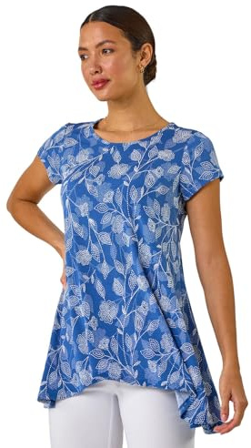 Roman Originals Hanky Hem Tunic Top for Women UK - Ladies Longline Blouse Asymmetric Hemline Short Sleeves Casual Slouch Loose Summer Spring Relaxed Comfortable - Azure Floral - Size 12