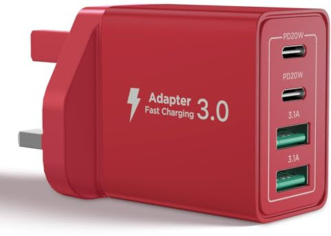 USB C Plug,40W 4-Port Fast Charger Plug Dual Port PD Power Adapter + QC Mains Wall Chargers Type C Charger Plug for iPhone 16 15 14 13 12 Pro Max 8 iPad, Samsung