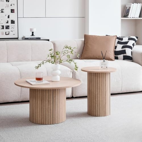 JZGORC 2er-Set Moderner Runder Couchtisch, Römische Säulenbasis, Runder Sofa-Beistelltisch im Landhausstil, Geeignet für Wohnzimmer, Büro – Hellbraun