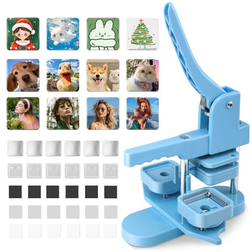 KEYSAFER Quadratisches Kühlschrank-Magnet-Button-Set – DIY-Anstecker-Maschine 50x50 mm mit 100 Zubehörteilen – Professionelle Badge-Presse für Foto-Buttons & Magnete