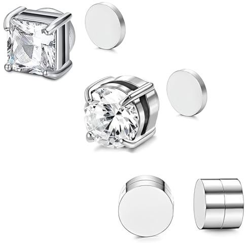 ZILZUFA 3 Paare Edelstahl Magnetische Ohrringe für Männer Frauen, Ohrringe Ohne Ohrloch, Magnet Ohrringe Herren Fake Ohrringe Clip on Ohrringe, Magnet Ohrstecker 6MM