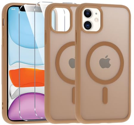 Knrlqim Magnetica Cover per iPhone 11 [Compatibile con MagSafe],Custodia con 2 Pellicola Vetro Traslucido opaco Protettiva,Silicone TPU Antiurto Case per Apple iPhone 11 6.1,Marrone