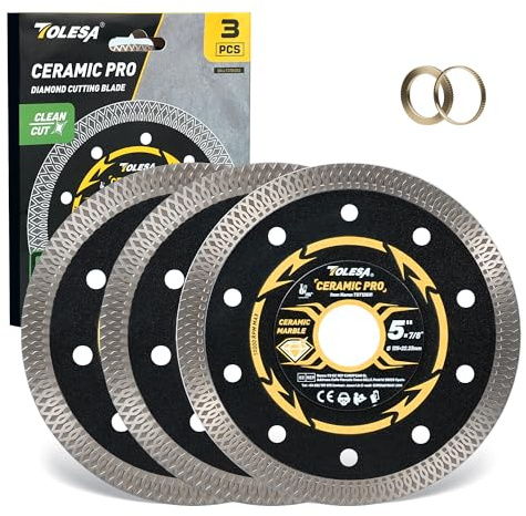 TOLESA Disque Diamant 125 mm, Disque de Coupe Extra Fin pour Carrelage, Céramique, Marbre et Granit, Coupe à Sec ou à l’Eau, Alésage 22,23 mm avec Bagues 20 mm & 16 mm (Lot de 3)