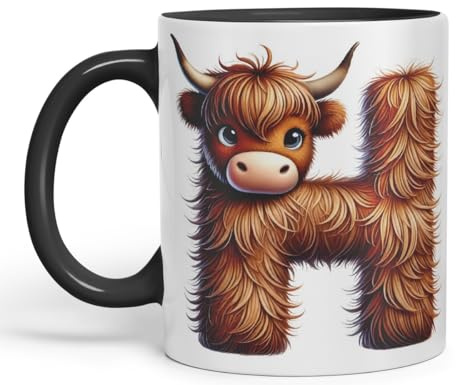 Vixar Highland Cow Alphabet Monogram Coloured Ceramic Cup Mug Letter H Rustic Farmhouse Animal Letter Gift V2 11oz (Black)