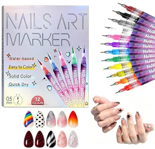 12 Colors Nail Art Pens Set,Nail Graffiti Drawing Pen,0.5 Mm Nail Polish Pens Set,DIY Quick Dry Graffiti Dotting Point Liner Pens,3D Nail Polish Pens for Painting Nails,Beauty Adorn for Women Girls