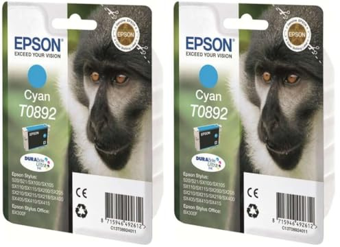 Epson T0892 Affe, wisch- und wasserfeste Tinte (Singlepack) cyan, Norme (Packung mit 2)