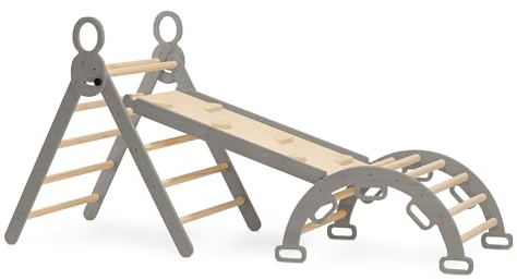 Deryan Montessori Indoor Spielset Indoor für Kleinkinder und Kinder - Kletterwand, 5 in 1 Kletterdreieck, Dreieck, Faltbares Kleinkind-Kletterspielzeug, Hölzernes für 3–8 Jahre, Bogen - Natur/Grau