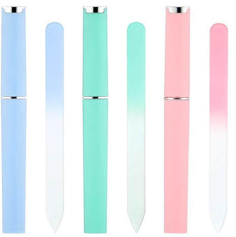 Lot de 3 limes à ongles en verre pour femme avec étui, limes à ongles en cristal double face pour ongles naturels (rose + bleu + vert)