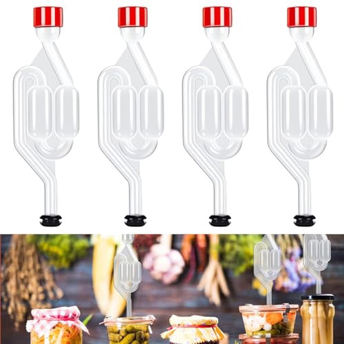 DabbOo 4 Stück Gärröhrchen Kunststoff Gärspund Gärspund mit 4 Gummistopfen Verschlusskappe Transparent für Einkochen Brauen Wein Machen Sauerkraut Gären Kimchi