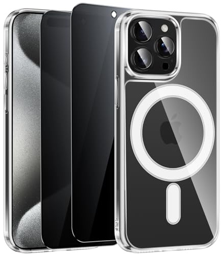 Niokfrci Magnetica Cover per iPhone 15 Pro Custodia e 2 Pezzi Privacy Pellicola Vetro Temperato, Compatibile con MagSafe, Trasparente Cover TPU Sottile Silicone Antiurto Bumper Case per iPhone 15 Pro