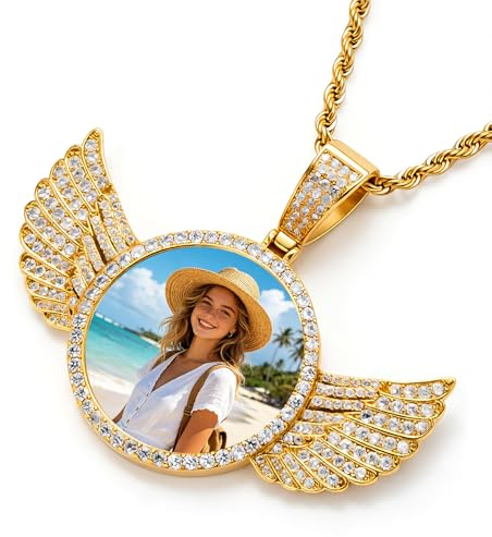 Genérico Personalized Memorial Necklace with Picture, Custom Circle Chain Angel Wings, Customized Photo Necklace for Men Women Family Memory Necklaces Anniversary Memorial Gifts for Boyfriend