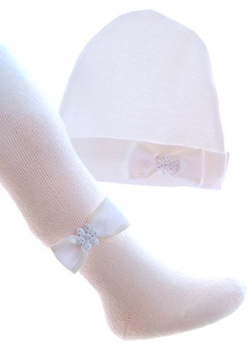 La Bortini Strumpfhose & Mütze Set mit Schleife Creme Taufe (62/68)