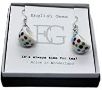 Teacup Earrings Miniature Ceramic Polka Dot Cups, Choice of Metals/Tea Quote on Insert in Gift Box