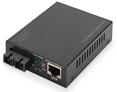 DIGITUS Media Converter - SM - Gbit Ethernet - RJ45 / SC - 1310nm Wavelength - Up to 20km - With PoE Injector - Black