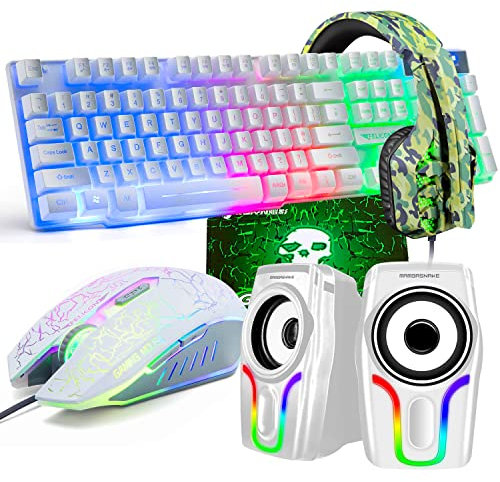 Tastiera da gioco USB retroilluminata con filo arcobaleno+Mouse da gioco LED arcobaleno ottico a 6 pulsanti 2400 DPI+Cuffie da gioco stereo+Altoparlanti RGB+Tappetini per mouse Set 5 in 1 (bianchi)