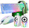 Tastiera da gioco USB retroilluminata con filo arcobaleno+Mouse da gioco LED arcobaleno ottico a 6 pulsanti 2400 DPI+Cuffie da gioco stereo+Altoparlanti RGB+Tappetini per mouse Set 5 in 1 (bianchi)