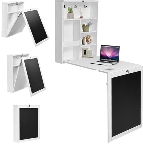 CASART Wall Mounted Computer Desk, Folding Convertible Wall Table with Blackboard & Storage Shelves, Multifunctional Floating Laptop Desk Workstation for Home & Office (White)