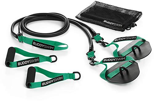 BUDDYSWIM Super Stroke Elastische Schwimmbänder mit austauschbaren Griffen und Paddles. Elastische Bänder für Trockenschwimmen und Muskeltraining. Widerstand XLight Niveau