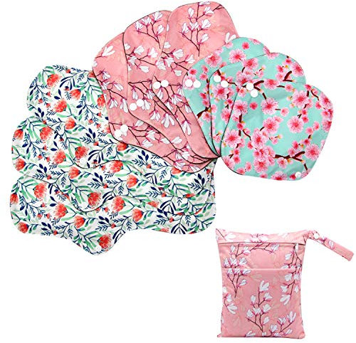 Asenappy Weiche, verstellbare Druckknöpfe, wiederverwendbare Damenbinden, wiederverwendbare Slipeinlagen, weiche Stoff-Menstruationseinlagen, 9 Stück mit 1 Tasche (Mehrfarbig a)