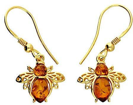 Kiara Jewellery Pendientes chapados en oro amarillo de plata de ley 925 con gancho de abeja incrustado con ámbar báltico marrón.
