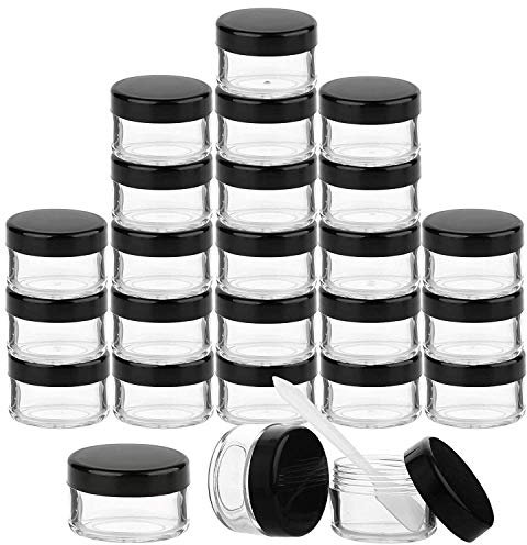 Lot de 24 pots à crème vides rechargeables en plastique transparent avec couvercle à vis noir pour baumes à lèvres, crèmes, maquillage, échantillons, pommades et autres produits (20 g)