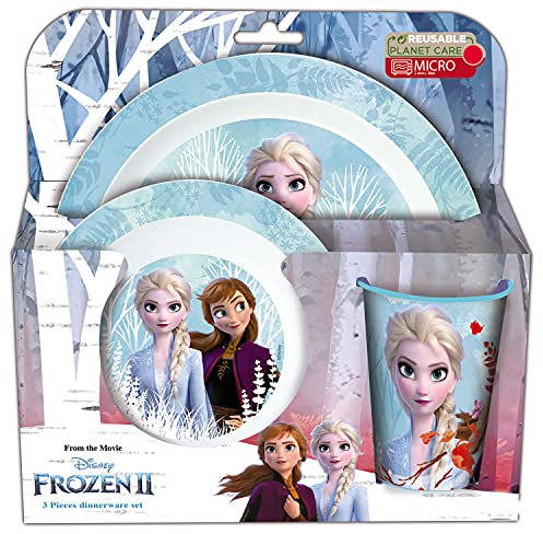 p:os 33501088 Frozen La Reine des Neiges Service de petit-déjeuner 3 pièces avec assiette, bol et gobelet, en plastique, passe au lave-vaisselle/au micro-ondes, bleu