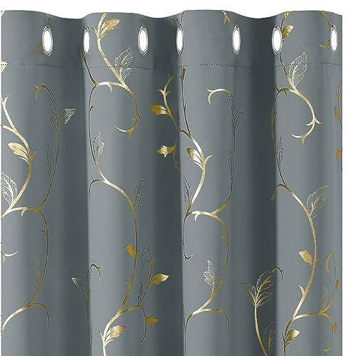 BUHUA 2er-Set Vorhang Blickdicht Verdunkelungsgardinen mit Ösen für Schlafzimmer Fenster Gardine mit Gold Weinstock Musterdruck,H 229 x B 132 cm, Hellgrau