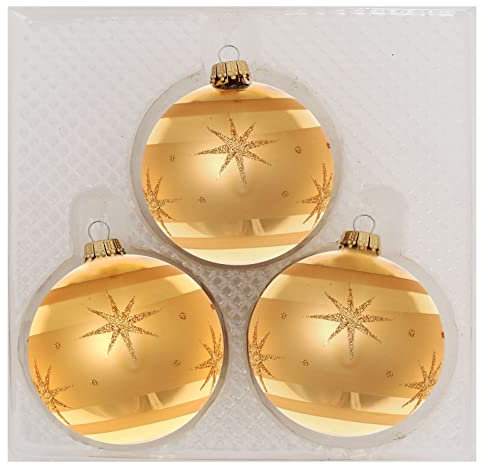 Krebs Glas Lauscha Weihnachtskugeln Gold mit Sternen 3 Stück/Set, Ø 8 cm Christbaumkugeln