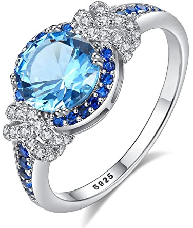 Bellitia Jewelry Damen Mädchen Verlobungsring 925 Sterling Silber Blautopas Ring Geschenk für Verlobung Jubiläum Hochzeit, Echter Topaz und Zirkonia Schmuck