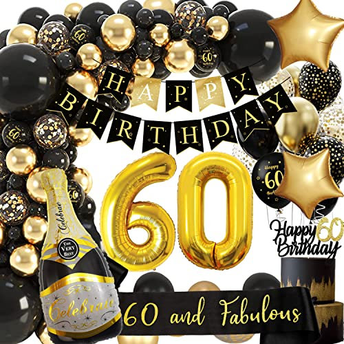 60 Geburtstag Deko, 60 Geburtstag Mann Frauen, Geburtstagsdeko 60, Schwarz Gold Deko mit Happy Birthday Girlande, Deko 60 Geburtstag, Luftballon 60 für 60 Männer Geburtstag Dekorationen