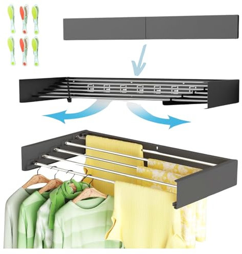 JANDTEK Tendedero de Pared Plegable 80 cm – Negro | Diseño Elegante, Antioxidante y Compacto – para Baños, Terrazas o Patios – Soporta 30 kg + Pinzas