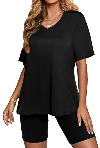 EMATOP Sommer Kurzarm Top Shorts Set für Damen Casual Freizeitanzug Rundhals Einfarbig Lose Sportbekleidung Zweiteiler Briefdruck Jogginganzug Outfits Kleidung Streetwear