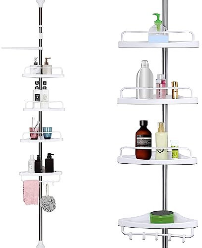 Crystals Adjustable Bathroom Corner Shelf, Telescopic Shower Caddy, 95-300 cm, Floor to Ceiling, Caddy Organizer with 4 Trays, 4 Hooks, 1 Towel Bar, White/Silver
