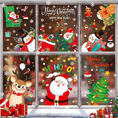 Adhesivos para Ventanas de Navidad, 116 Piezas Pegatinas Grandes para Ventanas de Navidad con Renos de Papá Noel y Copos de Nieve, Calcomanías de Decoración Navideña de PVC Reutilizables para Ventana