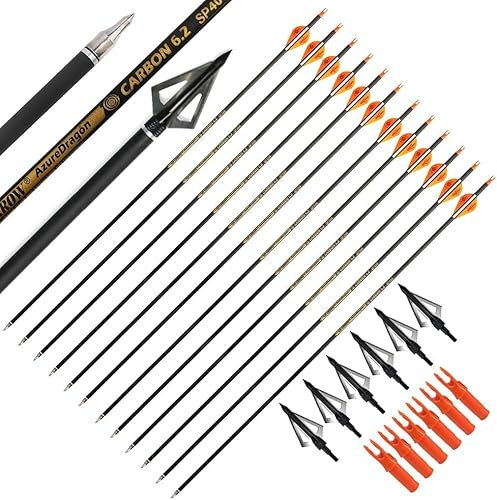 AMEYXGS 30 Reine Carbonpfeile Jagdpfeile 12Pcs - mit 100 Grain Spitzen, 2 Zoll Gummi Pfeilfedern fur Compound & Recurve Bogen Outdoor Jagd‌ mit Zubehörtasche‌