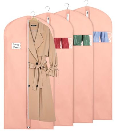 Syeeiex Kleidersack für die Aufbewahrung, 60x152 cm Atmungsaktiver Stoff, Kleidersäcke Lang für den Kleider Mäntel Abendkleider, 4 Stück, Rosa