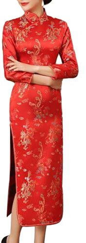 SHINROAD Robe Qipao chinoise traditionnelle chinoise à manches longues pour femme, coupe ajustée, col montant, manches longues, fente latérale, longueur cheville, Rouge 1, L
