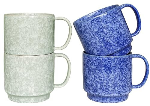 KOPYFANTAP Lot de 4 Tasses à Café Empilables, Grandes Tasses à Thé en Céramique 480 ML, Tasses en Porcelaine Faites à la Main avec Grande Anse pour Lait Cappuccino Déjeuner, Bleu et Vert