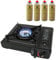 ASMGOLD Portable Gas Stove with Carry Case-For Outdoor Camping, Fishing and BBQ-Automatic Ignition System, Heat Control, Enamel Pan Support, Butane Can or LPG Gas Source-Black (Stove + 4 Butane Gas)
