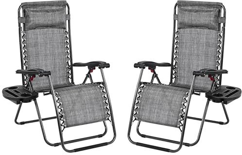 Yaheetech Zero Gravity Chairs Outdoor Adjustable Folding Sunloungers Lounge Recliners w/Pillows, Cup Holder and Carry Strap for Patio Porch Deck Gray Set of 2